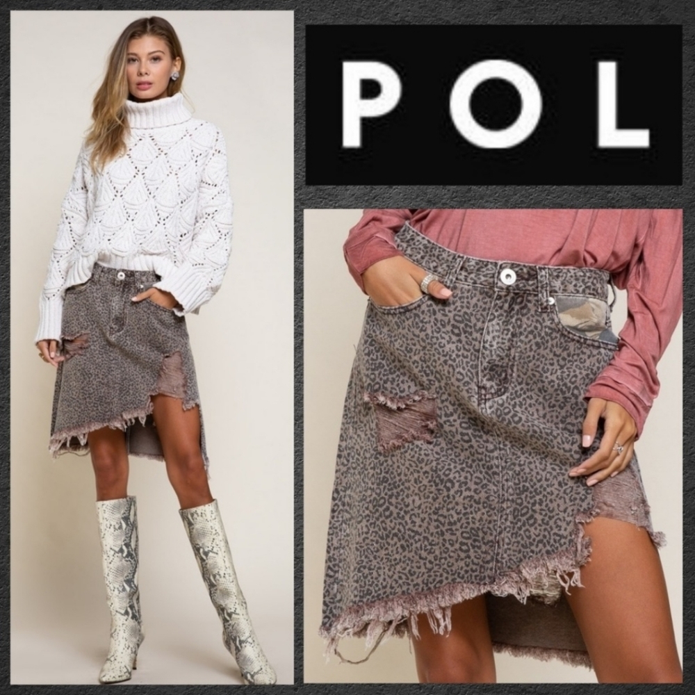 POL "asymmetrical Distressed printed" denim skirt